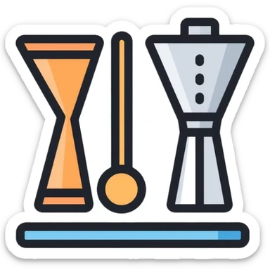 bartending tools including jigger, strainer, and cocktail spoon sticker