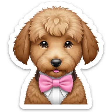 Cute golden doodle wearing a pink bow tie on neck sticker