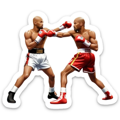 An iconic boxing match between Roy Jones Jr. and Bernard Hopkins in the ring. Jones is delivering a powerful right hook, while Hopkins counters with a defensive block. The background shows a packed arena, with bright lights illuminating the intense action. Transparent background  sticker