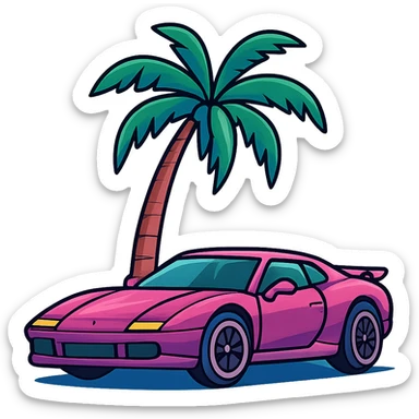 flat toon style GTA 6 inspired sports car and palm tree, no text sticker