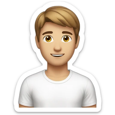 a young man white shorter brown hair and brown eyes wearing a white t-shirt sticker