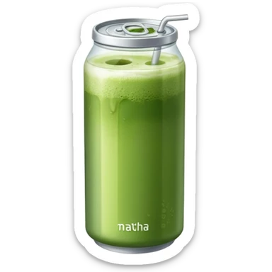 Create an emoji-style illustration of a tall, transparent can-shaped drink filled with iced matcha. The top is sealed with a silver metal pull-tab lid. The drink has a green matcha layer on top that gradually fades into a milky white layer at the bottom. The can is sleek and minimalist. sticker