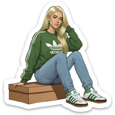 Girl with very long whitish blonde highlighted hair parted down the middle wearing denim jeans and adidas samba og sneakers with a brown sweatshirt sticker