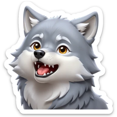 cinematic-cute-howling-wolf-portrait-emoji,-head-tilted-slightly-with-a-dramatic,-wide-open-howl,-showcasing-a-smooth-grey-and-white-fur-with-drooping-ears,-round-eyes-barely-open-in-drowsy-contentment,-simplified-yet-irresistibly-adorable zoomed out showing shoulders sticker
