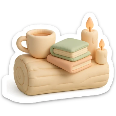 a log with tea, books, and candles, soft forest journaling mood, soft pastel colors, cushion style sticker