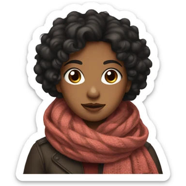 Brown girl with medium length curly black hair wearing big scarf and mittens sticker