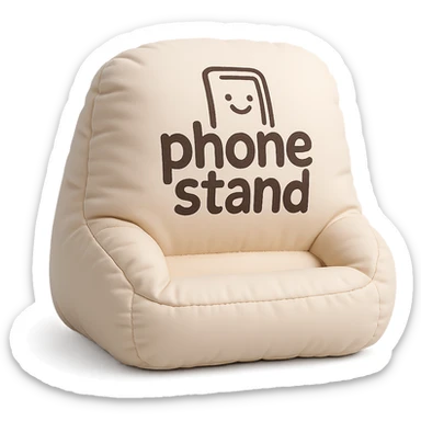cute hand-drawn logo on a soft cushion-shaped phone stand, playful branding gadget sticker