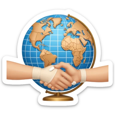 instead of two hands holding a globe, we have two hands handshaking in front of a globe. And in the background, we can see that the globe has a bandage or something. THE GLOBE HAS THE BANDAGE NOT THE HANDS sticker