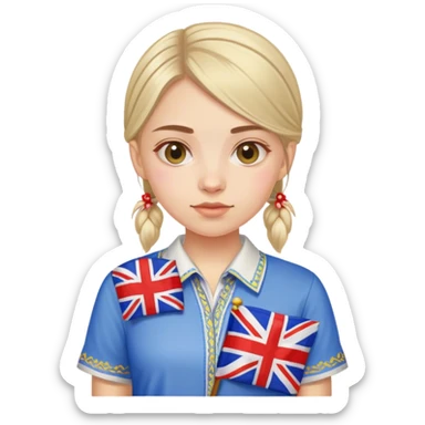 A Ukrainian girl wearing an embroidered shirt and a British flag sticker