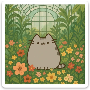 pusheen cat surrounded by flowers in a botanical garden greenhouse sticker