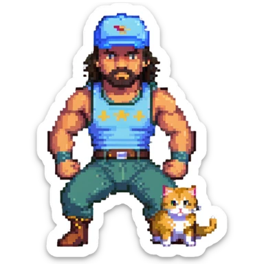 Razor Ramon from Sega WWF Mania video game defeating a cat wearing a cap, 16-bit style sticker