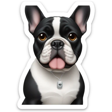An all black French bulldog wearing air pods sticker
