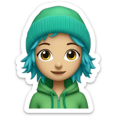 blue haired green eyed girl wearing bobble hat and green zip hoodie sticker