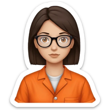 female brunette prisoner with glasses in orange jumpsuit mugshot sticker