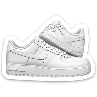 A pair of all-white Nike Air Force 1 sneakers positioned with one behind the other, clean white leather, classic AF1 silhouette, chunky sole sticker