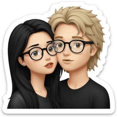  garçon avec les cheveux brun très clair ébouriffés, qui embrasse une fille avec les cheveux noir long qui a des traits d’eye-liner, des lunettes noir et un piercing au nez sticker