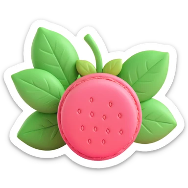 A strawberry macaron with a green leaf on top, in 3D iOS style, pastel pink and green colors, soft shadows, clean and minimalistic design sticker