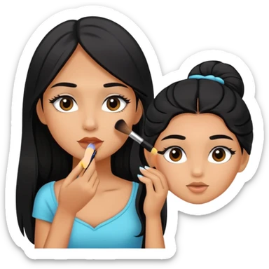 Girly girl young, cute girl, tanned long black hair, putting on makeup sticker