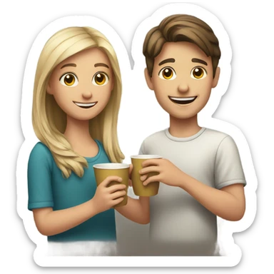 smiling boy with smiling girl with cup indoors sticker