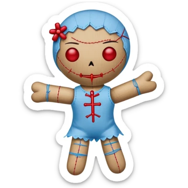 A voodoo doll made of fabric with Carolina blue (light blue) body and red stitches, with pins stuck in it sticker
