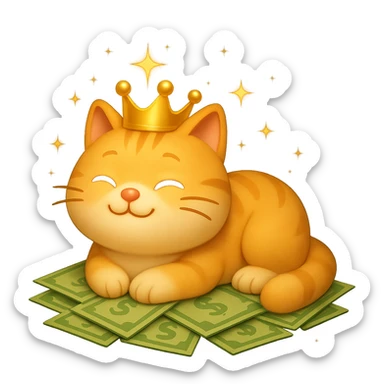 A very cute cat with a crown, lying on greenish light green money, with glowing sparkles and shiny dust around for extra decoration, in 3D emoji style. Transparent PNG background. sticker