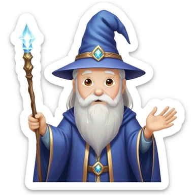 old man wizard with a beard casting a spell with a wand with sparkles and magic sticker