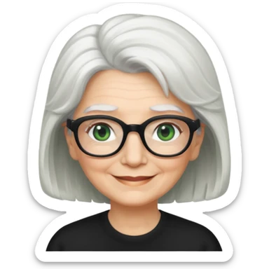 White hair grandma, green eyes, hair to shoulder, lokeg black glasses, rectangles face, smile , sticker