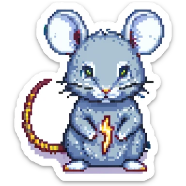 electric mouse with big ears and a lightning bolt tail, classic Pokémon pixel art style sticker
