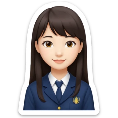 Pretty student with dark brown bangs and long straight hair, elegant school uniform, natural makeup, charming smile sticker
