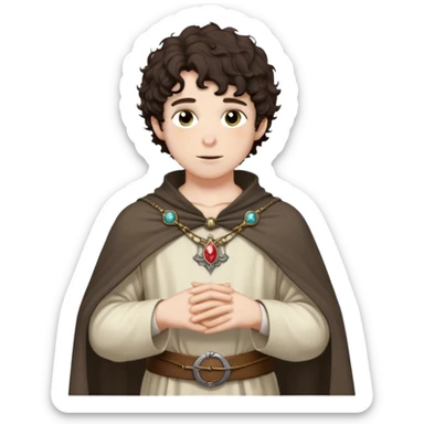 medieval spring outfit worn by a DnD themed fantasy male character. thin wool tunic with a light cloak draped over one shoulder, secured by a wooden brooch. clothes only above the waist. The clothes full waist. The character's haven't arms. character is white-skinned, dark brown hair, hazel eyes, short curly hair. sticker