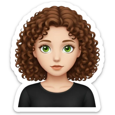 Girl with Brown curly medium hair, green eyes, wearing a black top sticker