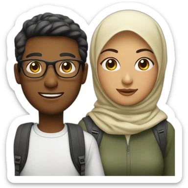 young man with glasses and woman with hijab, both with backpack for holiday trip sticker