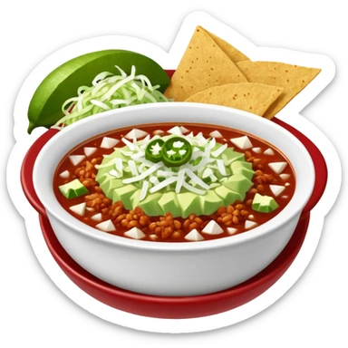 A delicious hot bowl of pozole rojo with separate sides: white chopped onions, green shredded cabbage, lime wedges, red chile de arbol salsa, and tostadas sticker