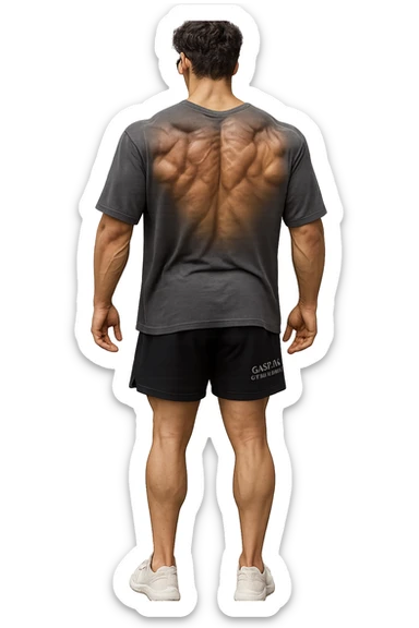 lascia questo ragazzo identico ma fallo in piedi di spalle con fasci muscolari della schiena contratti, senza macchinari, solo la sua figura, iperealistico 4k sticker