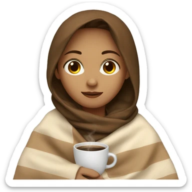 a brown hair girl sitting with a blanket wrapped over her and a cup of coffee sticker