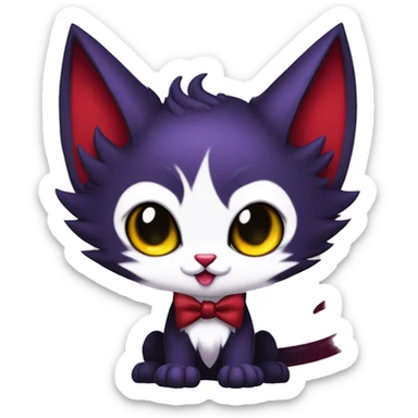 Cute-Evil-Vampiric-Batty-Cat-Black-Purple-Red-Yellow-Contrast-Colors-Fantasy-Fur-Sona-Chibi-Shiny-Fakémon-Hybrid with horns and big fangs neck bow white tie leg spats full body sticker
