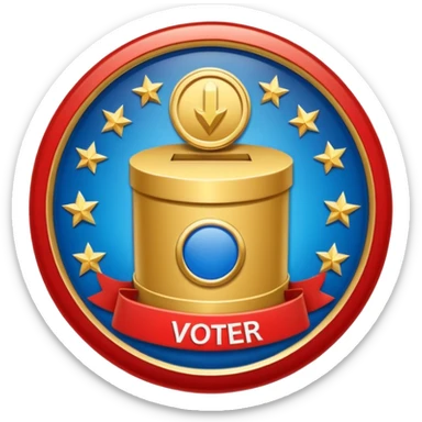 circular achievement style badge for first voter featuring a ballot box and a classy border sticker