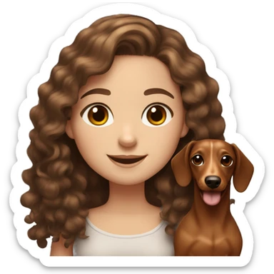 White girl long curly brown hair smiling and brown eyes with long eyelashes and holding a dachshund  in her arms sticker