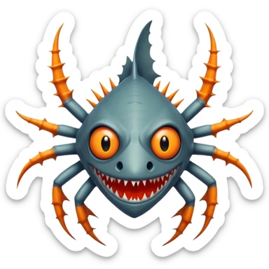 A angangular fish with acid all in his body and his eyes  replaced with shark teeth and his hand in his back ( four hand) and his spines will be very spiky  and his leg will like a spider and last his eyes or 4 eyes will be in his hands and the colour of the eyes will orange and black sticker