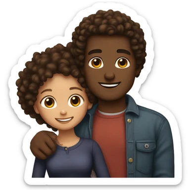 light skin woman with brown curly hair and brown skin man with curly black hair hugging sticker
