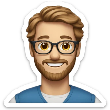 a Scandinavian man with blue eyes long brown hair a beard red glasses and a big smile sticker