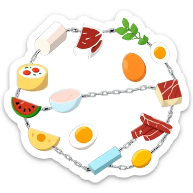 Close up of vibrant protein foods (meat, egg, beans, tofu, yogurt) connected in a chain or cluster, glowing and unified, floating together in a warm light. sticker