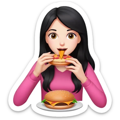 White girl in pink clothes and long black hair eating burger and pizza sticker