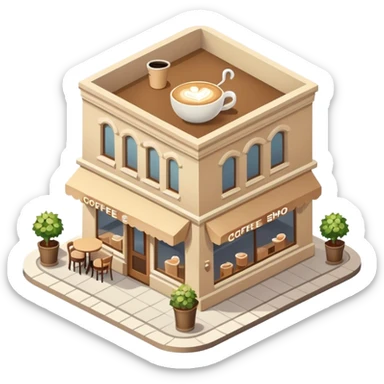 beige coffee shop, isometric exterior view sticker