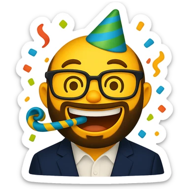 Create a funny celebration emoji version of the person in the photo. Exaggerate the smile and glasses, add party elements like confetti and a party hat. Keep the background transparent. Use a style suitable for an emoji with a transparent background. sticker