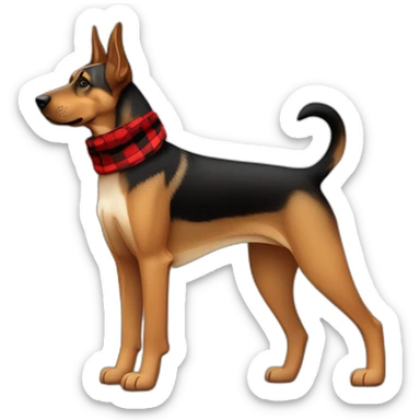 75% Coonhound 25% German Shepherd mix dog wearing small pointed red buffalo plaid bandana side view full body facing left sticker