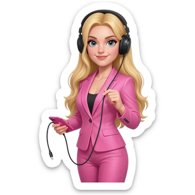 Woman in blonde hair and pink suit wear a black headphones on head connect to pink iphone max pro and hold on headphones on head with hands sticker