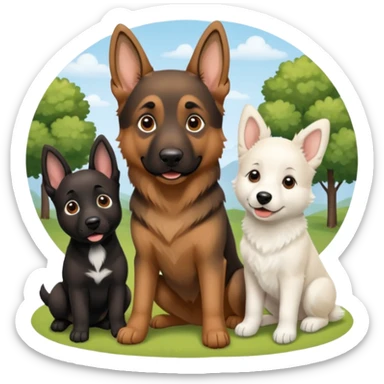 three dogs, one bigger, a brown german shepard, a little black dog we don't know it's race and a baby white suiz shepherd  sticker