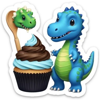 A cupcake having blue and black icing and a dinosaur as a decoration and ice cream next to it sticker