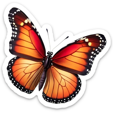 Cinematic Realistic Noble monarch Butterfly Portrait Emoji, Poised and elegant, with delicate, translucent wings rendered in rich ruby and scarlet hues, a slender, graceful body with intricately detailed textures, and soft, reflective eyes, illuminated by natural light, high shine, intelligent and regal, styled with an air of refined natural splendor, focused and attentive, soft glowing outline, capturing the essence of a watchful and confident monarch butterfly that appears to emerge majestically from the screen! sticker